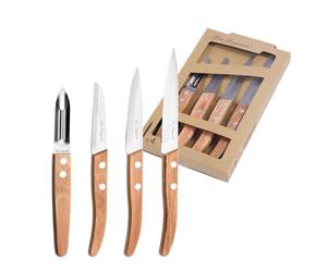Lou Laguiole Forest 4 couteaux petite coutellerie, Acier 13C, Bois Clair | Set de 4 couteaux (Éplucheur, Bec d'oiseau, Office), Acier inox 13C, Finition satinée, Bois clair, Lave-vaisselle