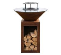 Lou Provençau Rond ⌀ 62cm - Brasero Plancha en Acier Corten - Barbecue Exterieur avec Rangement Bûches - Design Jardin Terrasse, Grille de Cuisson et Stop Food Inclus - kit allumage Offert