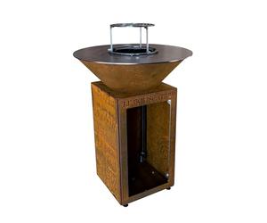 Lou Provençau Rond ⌀ 62cm - Brasero Plancha en Acier Corten - Barbecue Exterieur avec Rangement Bûches - Design Jardin Terrasse, Grille de Cuisson et Stop Food Inclus - kit allumage Offert