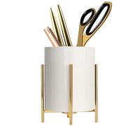 LOUIE SILNA Pot à crayons rond en céramique avec support en métal stable, joli pot à crayons rond pour enfants et filles (M- blanc et doré)