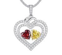 LOUISA SECRET Collier en argent sterling 925 avec deux cœurs pierre de naissance pour femme, pendentif hypoallergénique avec chaîne réglable pour un usage quotidien, anniversaire de mariage