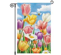 Louise Maelys Drapeau de jardin printemps été tulipe florale abeille double face 30,5 x 45,7 cm Petit panneau de bienvenue saisonnier en toile de jute pour l'extérieur Décoration de maison