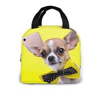 LOUJIN Sac à déjeuner isotherme réutilisable avec motif chien chihuahua, animaux mignons jaunes, pois et nœud jaune