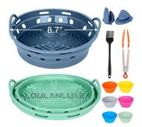 LOULANLUXE Moule Silicone Air Fryer 22 cm Moule Friteuse Sans Huile Rond Accessoires Air Fryer Pliable Accessoires Air Fryer Compatible avec 5-8 L Friteuse à Air, Réutilisable (Set1, Bleu+Vert)