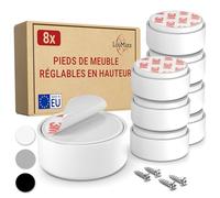 LouMaxx Pied de Meuble Réglable Blanc - Lot de 8 Pieds pour Meuble Ø 55,5 mm - Rehausseur de Meuble Plastique à Coller ou Visser - Pieds Réglables INCL. Montage