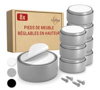LouMaxx Pied de Meuble Réglable Gris - Lot de 8 Pieds pour Meuble Ø 53,5 mm - Rehausseur de Meuble Plastique à Coller ou Visser - Pieds Réglables INCL. Montage
