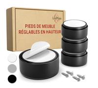 LouMaxx Pieds de Meubles réglables en Hauteur - Pieds pour Meubles Ø 53,5 mm en Plastique - Rehausseur de Meubles de qualité supérieure à Coller ou à Visser - Lot de 4 Pieds coulissants Noirs
