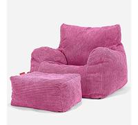 Lounge Pug Ensemble Pouf Poire Fauteuil avec Repose-Pied Texturé Gaufré Pom Pom - Fauteuil Poire Confortable pour Adulte - Rose