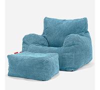 Lounge Pug Ensemble Pouf Poire Fauteuil avec Repose-Pied Texturé Gaufré Pom Pom - Fauteuil Poire Confortable pour Adulte - Bleu Mer Égée