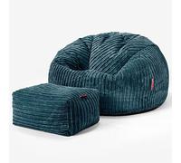 Lounge Pug Pouf Poire Classique pour Adulte en Velours Côtelé avec Repose-Pieds - Confortable, Facilement Transportable - Bleu Canard