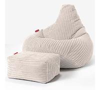 Lounge Pug Pouf Poire Gamer avec Repose-Pieds en Velours Côtelé Ultra Pelucheux - Facilement Transportable, Assise Confortable, Pouf Salon, Adulte, Chambre Ado - Ivoire