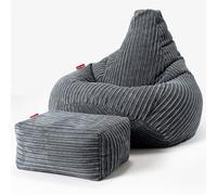 Lounge Pug Pouf Poire Gamer avec Repose-Pieds en Velours Côtelé Ultra Pelucheux - Facilement Transportable, Assise Confortable, Pouf Salon, Adulte, Chambre Ado - Gris Ardoise