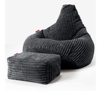 Lounge Pug Pouf Poire Gamer avec Repose-Pieds en Velours Côtelé Ultra Pelucheux - Facilement Transportable, Assise Confortable, Pouf Salon, Adulte, Chambre Ado - Noir