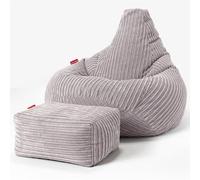 Lounge Pug Pouf Poire Gamer avec Repose-Pieds en Velours Côtelé Ultra Pelucheux - Facilement Transportable, Assise Confortable, Pouf Salon, Adulte, Chambre Ado - Gris Argent
