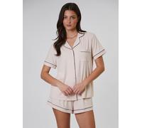 Loungeable Loungeable Cream/Black Trim Soft Rib Short Sleeve Button Through Pyjamas