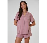 Loungeable Loungeable Dusty Pink/White Trim Soft Rib Short Sleeve Button Through Pyjamas