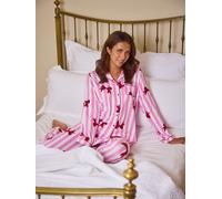 Loungeable Loungeable Pink triped Bow Long Sleeve Button Down Pyjama Set