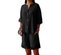 Loungewear Ensemble 2 pièces pour femme - Couleur unie - Boutonnière ouverte à l'avant - T-shirt à manches longues et short avec taille élastique - Combinaison deux pièces en coton et lin - Pyjama