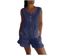 Loungewear Ensemble de Vêtements Coton Lin Loungewear Set Couleur Unie Chic et Élégante Manches Courtes Col en Rond Set Chemisier + Short Sport Respirant Yoga Fitness Décontracté Sportwear