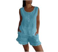 Loungewear Ensemble de Vêtements Coton Lin Loungewear Set Couleur Unie Chic et Élégante Manches Courtes Col en Rond Set Chemisier + Short Sport Respirant Yoga Fitness Décontracté Sportwear