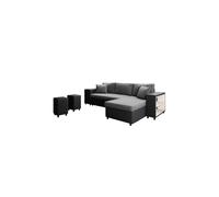 LOUNGITUDE - Canapé d'angle Convertible avec Coffre, 2 poufs et étagère en Simili et Microfibre - Noir/Gris - 3 + 2 Places