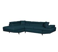 LOUNGITUDE - Canapé d'angle Convertible avec Coffre Pieds Bois Noir en Tissu Bleu foncé