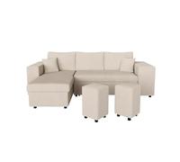 LOUNGITUDE Canapé d'angle Mady Convertible avec Coffre, 2 poufs et étagère en Velours côtelé - Beige