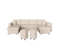 Canapé panoramique OSLO convertible avec 2 coffres, 2 poufs à gauche en velours côtelé beige