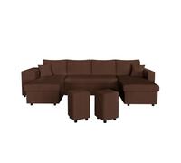 Canapé panoramique OSLO convertible avec 2 coffres, 2 poufs à gauche en velours côtelé marron