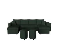 Canapé panoramique OSLO convertible avec 2 coffres, 2 poufs à droite en velours côtelé vert foncé