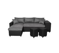 LOUNGITUDE - Canapé d'angle réversible Convertible avec Coffre et 2 poufs en Microfibre et Simili - Noir/Gris - 3 + 2 Places