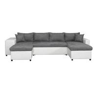 LOUNGITUDE - Canapé panoramique Convertible avec 2 coffres et 2 poufs en Simili et Tissu Gris/Blanc