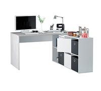 LOUNGITUDE FOBUR4606A Bureau réversible, Bois d'ingénierie, Gris Ciment et Blanc (Artik), L136 ou 203 x P139 ou 66 x H74cm