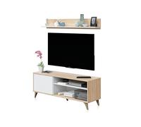 LOUNGITUDE - LAURA - Meuble TV - 2 niches - 1 porte avec son étagère murale - Blanc/chêne - L135 x P40 x H50cm