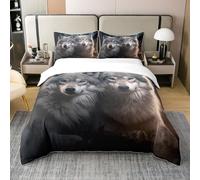 Loup 100% Coton Naturel Housse de Couette 200x200,Laine de Loup Parure de Lit,Ensemble de Literie sur Le Thème des Animaux Féroces du Loup,Literie Imprimé Soleil Silhouette de Loup,Noir Argenté