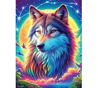 Loup à la Fourrure Arc-en-Ciel Under The Moon 500 Pièces Puzzle Amateur d'art en Carton Épais Haute Densité Faune et Flore Difficile Niveau Expert Décoration Murale Idée Cadeau Anniversaire 500 PCS