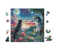 Loup and Chat in Moonlight Forêt 100 Pieces Casse-tête Expert Confirmé en Carton Haute Densité Épais Très Difficile Anti-Stress Loisir Créatif Cadeau Fête des Pères Premium 28x28cm