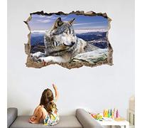 Loup Animal Sticker Mural 3D Ciel Stickers Muraux Smashed Art Imperméable Montagnes Tatouage Mural En Vinyle Pour Enfants Chambre Salon Salle De Jeux Bébé Pépinière Décor À La Maison 80x120cm