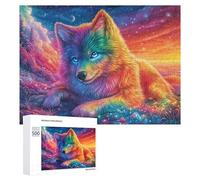 Loup Arc-en-Ciel dans la Galaxie de Nuit étoilée Puzzle 500 Pièces pour Adultes Moment Calme Entraînement Mental Cadeau pour Quotidien 500 PCS