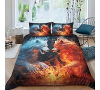 Loup Art 3D Imprimé Glace et feu pour Adultes Et Enfants Housse De Couette Housses De Couettes Microfibr Parure De Lit E avec Fermeture À Glissière avec Taies 3 Pièces Double（200x200cm）
