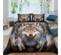 Loup Art Parure de Lit Microfibre résistante 3 Pièces 3D Effet Douce Native American Style Housse de Couette avec Fermeture Éclair Confortable for Adulte Enfants Filles Single（140x200cm）