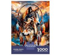Loup Attrape-rêves Coucher de Soleil 1000 Pièces Puzzle Adultes Esprit Tribal Sauvage Puzzle Carton Extra-épais - Anti-Stress Voyage, Noël Cadeau 12+, Entraînement Cérébral Sympa 70x50cm/1000pcs