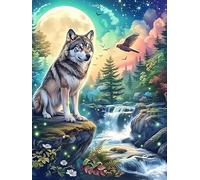 Loup au bord d'une cascade sous la pleine lune 300 Pieces Casse-tête Débutant En Carton Haute Qualité faune et flore Facile Apprentissage Loisir Créatif Décoration Murale Cadeau Saint Valentin 300 PCS