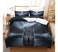 Loup au Clair de Lune | Animal de la Forêt Ensemble Literie Microfibre Imprimée Housse de Couette Unique Avec Taies, Fermeture Éclair Cachée, Hypoallergénique, Pour Adultes & Enfants Double（200x200cm）