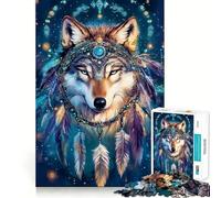 Loup avec Coiffe Attrape-rêves Puzzle 1000 pièces Jeu de réflexion Amusant Pièces précises et sans Couture Activité relaxante en Groupe à l'intérieur (50x75cm)