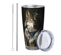 Loup avec couvercle et paille Gobelet luxueux drôle animaux vintage artistique tendance designs gris jaune isotherme en métal sans déversement école collège crèche double paroi 590 ml
