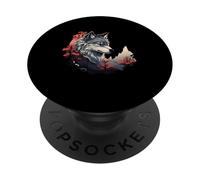 Loup avec forêt rouge et lune PopSockets PopGrip Adhésif