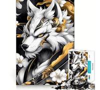 Loup Blanc aux Accents dorés Puzzle 1000 pièces Jeu de réflexion Découpe Experte Artisanat Fascinant pour Les Moments de détente (38x52cm)