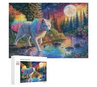 Loup Blanc avec Queue Arc-en-Ciel dans Floral Night Lake Puzzle 300 Pièces pour Famille Soirée Puzzle Résolution De Problèmes Cadeau pour Cohésion 300 PCS