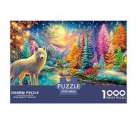 Loup Blanc par rivière, Arbres Lumineux, Pleine Lune Puzzle De 1000 Pièces Loup Cool Classique Et Défiant, Cadeau pour Toutes Les Âges 38x26cm/1000pcs
